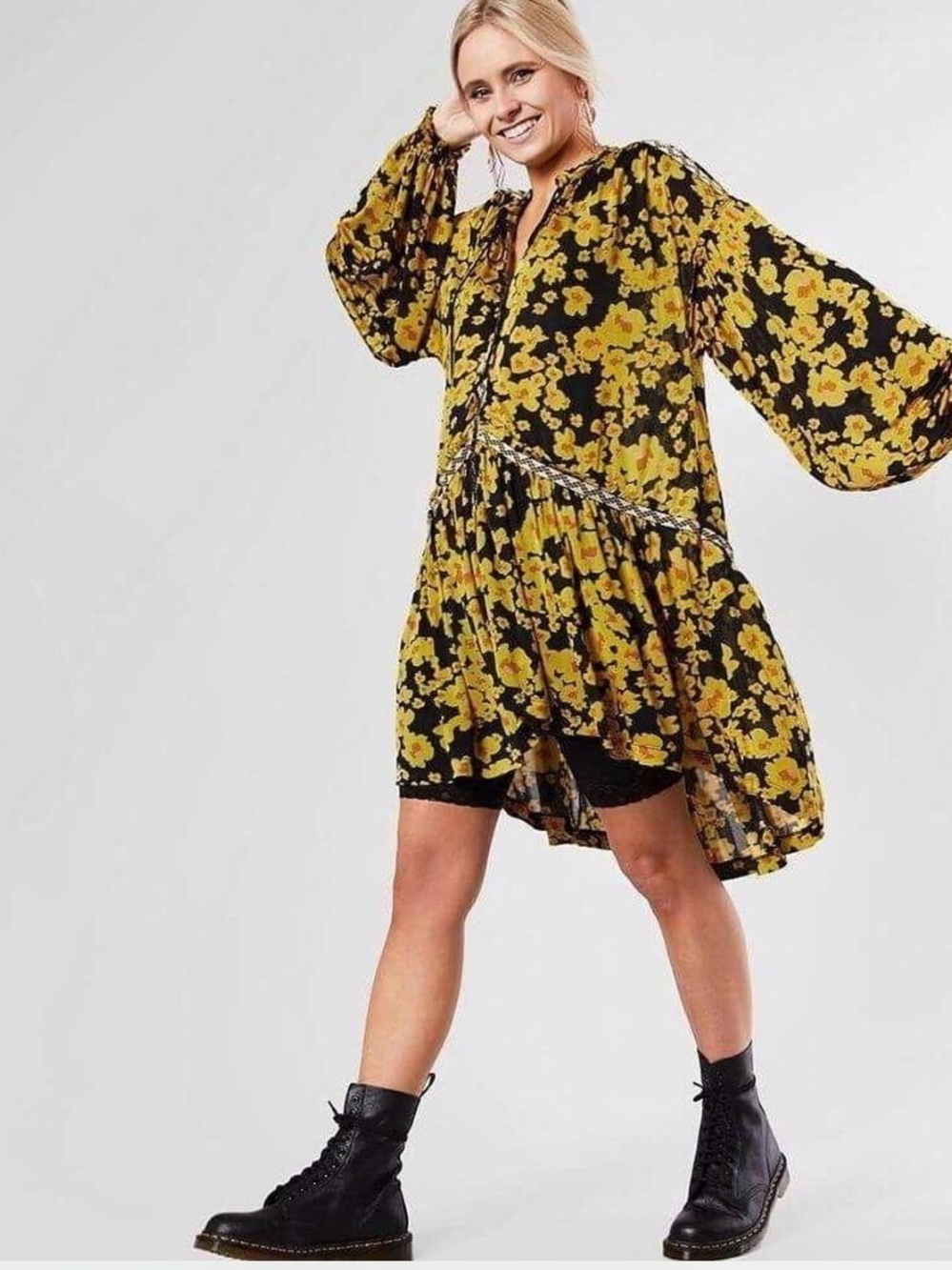 Free People Black and Yellow Floral Mini Dress NWT $138 - Picture 7 of 9